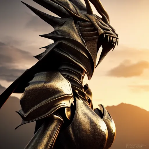 Image similar to highly detailed realistic stunning shot of a beautiful elegant anthropomorphic female dragon knightess doing a majestic pose, armor made of steel, sharp claws and tail, cloak flittering in the wind, high quality, HD octane render, epic cinematography, Artstation, Deviantart, Furaffinity