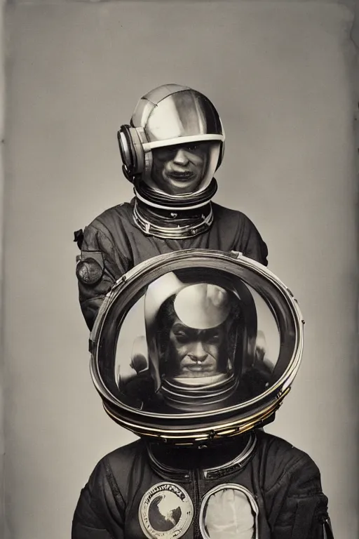 Image similar to extremely detailed studio portrait of space astronaut, tentacle coming out of mouth, helmet is off, helmet i in lap, full body, soft light, golden glow, award winning photo by james van der zee