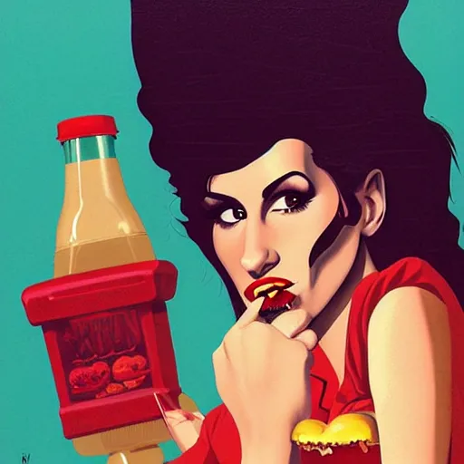 Image similar to Amy Winehouse Eating a Hamburger, spilling ketchup, horror illustration, dramatic, by Sachin Teng + Karol Bak + Rolf Armstrong