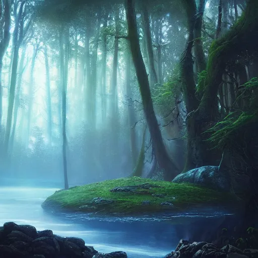 Image similar to a beutiful magical forest with a blue power source with runes on the side and a magical river by the side foggy realistic atmosferic casper david friedrich raphael lacoste vladimir kush leis royo volumetric light effect broad light oil painting painting fantasy art style sci - fi art style realism artwork unreal engine