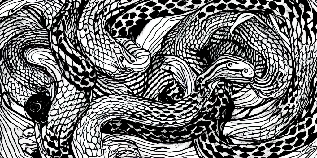 Prompt: realistic scene of snakes as ying yang, white and black, 1 4 5 0, ink, ultra realistic, 8 k