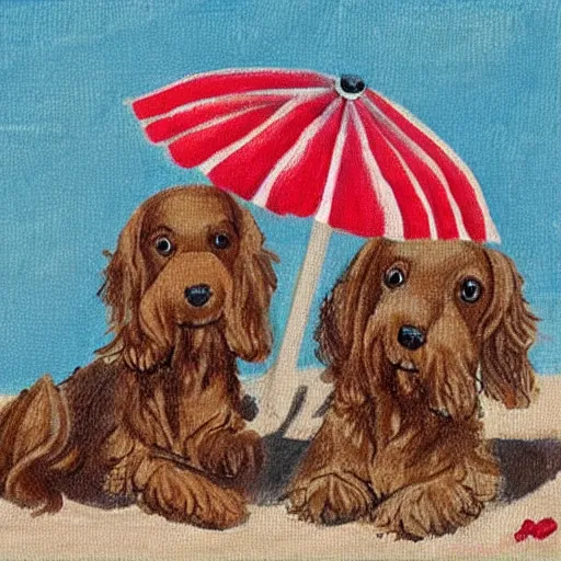 Image similar to two cute brown spaniel a by the seaside, parasols, bright towels, geometric, pop, deco, sketch, artwork