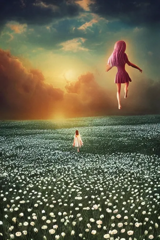 Image similar to giant white daisy flower as head, girl running in a flower field, surreal photography, sunrise, dramatic light, impressionist painting, colorful clouds, digital painting, artstation, simon stalenhag