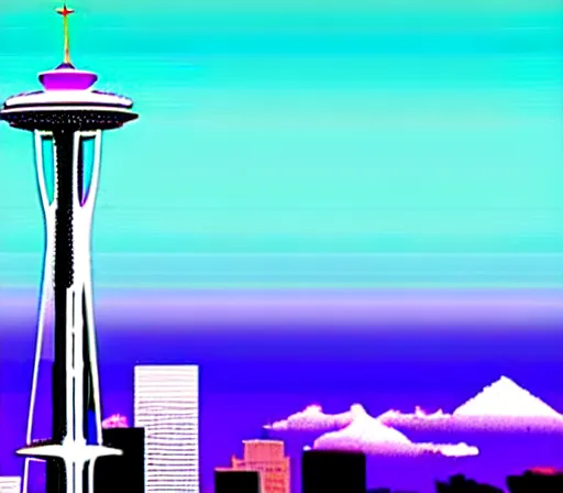 Image similar to a beautiful and immaculate balanced vaporwave ombre scene depicting outrun style seattle and the space needle