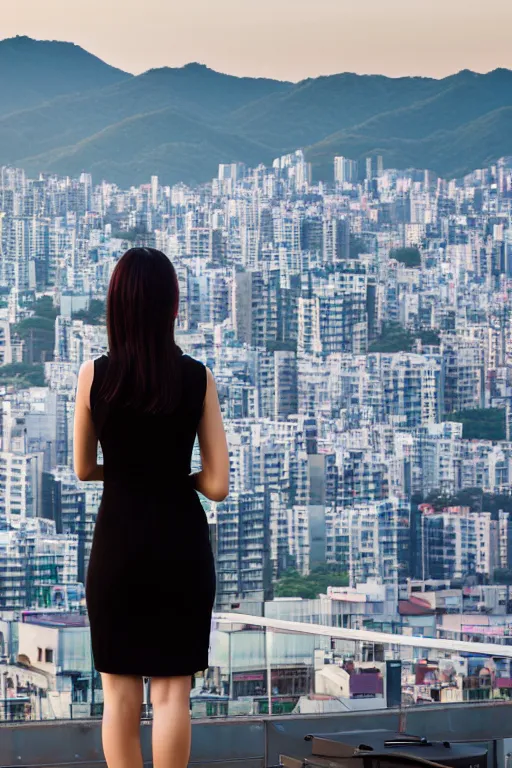 Prompt: a beautiful woman in a little black dress watching the sunset over seoul from the rooftop, urban skyline, realistic photo, luxury, cinematic, advertising photography