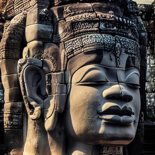 Prompt: angkor thon, asuras, giant, left profile, photorealistic, photography hight quality, sharp, stones, award winning photography, canon, thierry rouzier