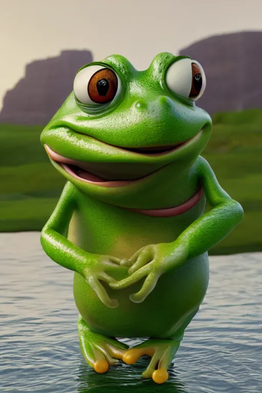 Prompt: portrait of a happy frog with green eyes while holding a white teacup with the river in background, full body. pixar disney 4 k 3 d render funny animation movie oscar winning trending on artstation and behance, ratatouille style