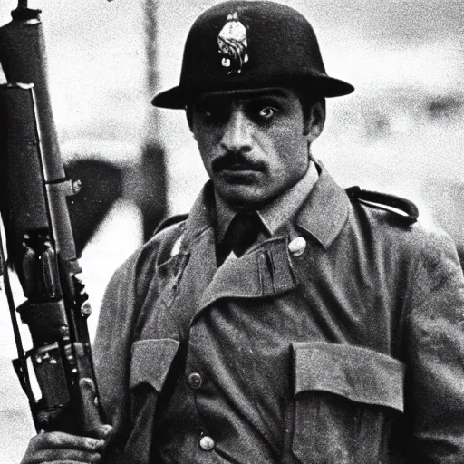 Prompt: ww1 photo of alberto sosa from Scarface (1983), trenches, grainy, low res