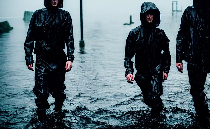 Prompt: cinestill 5 0 d candid photographic portrait by helen levitt of two european male androids wearing rugged black mesh techwear in treacherous waters, extreme closeup, modern cyberpunk moody depressing cinematic, pouring rain, 8 k, hd, high resolution, 3 5 mm, f / 3 2, ultra realistic faces, ex machina