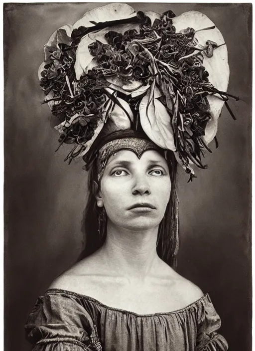 Image similar to portrait of young woman in renaissance dress and renaissance headdress, art by sebastiao salgado