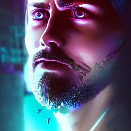 Image similar to jared leto portrait, cyberpunk 2 0 7 7, cyberpunk jackie welles, photorealistic, ultra detailed, neon, octane, bokeh, cinematic lighting, cyber, cyberpunk city, studio quality, feature, scars, cyberface, 8 k