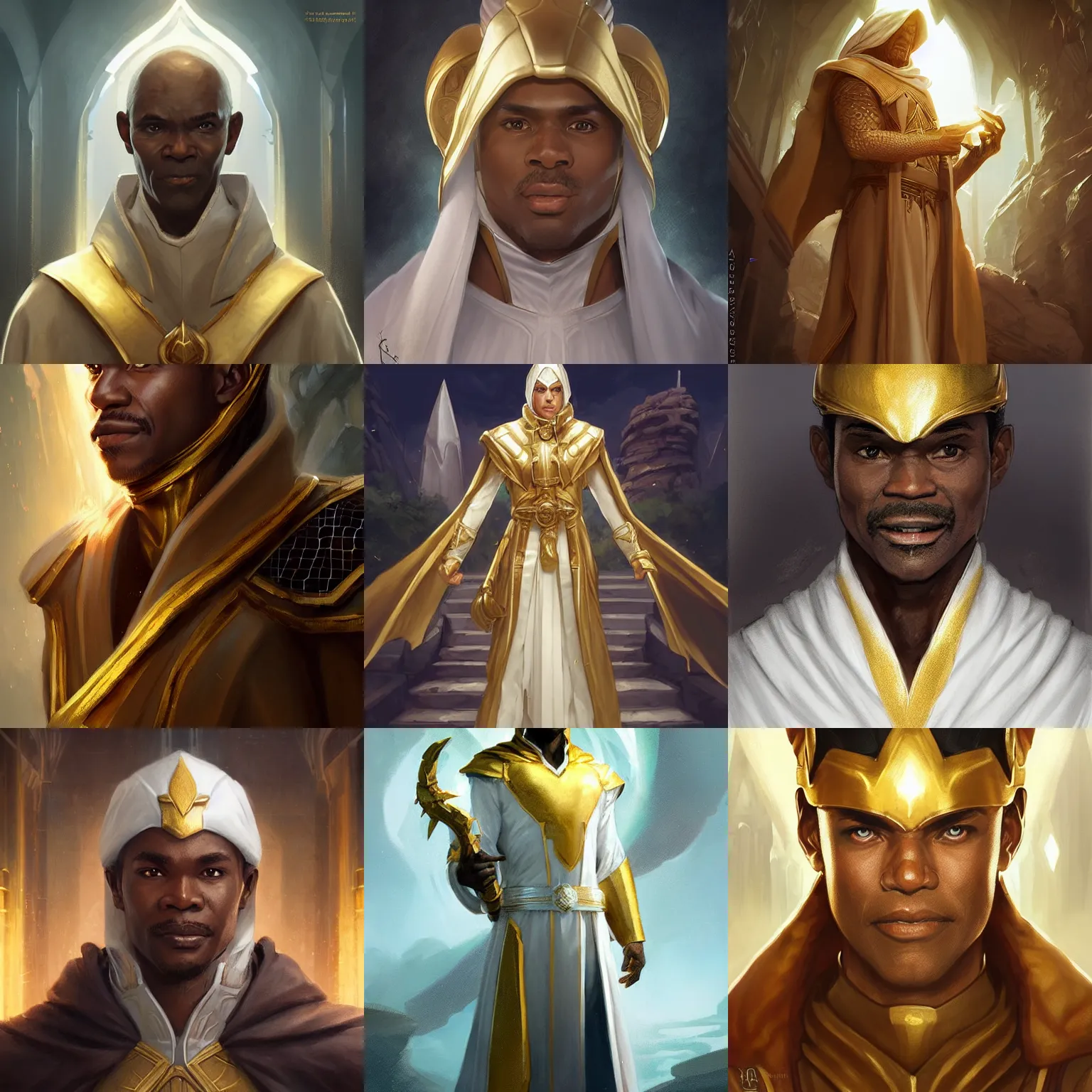 Prompt: male cleric, glynn turman, art by artgerm and greg rutkowski and magali villeneuve, gold and white robes, solarpunk, d & d, fantasy, highly detailed, headshot, digital painting, trending on artstation, concept art, sharp focus, illustration