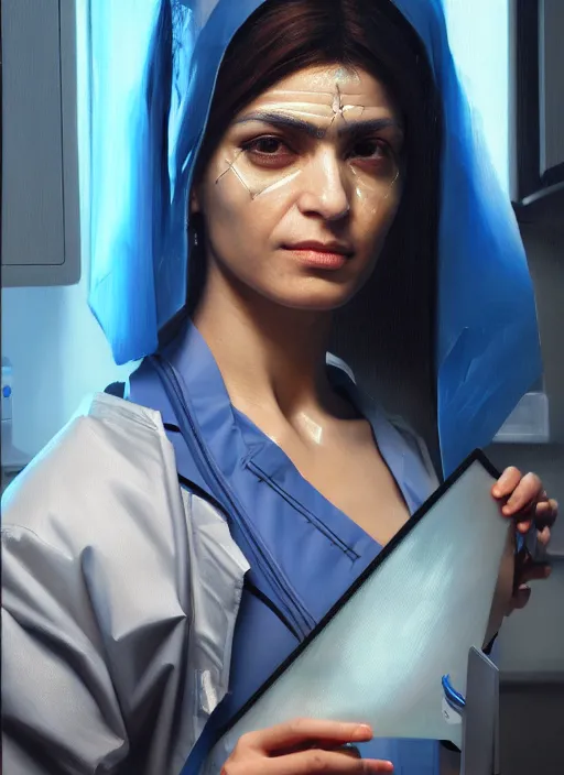 Prompt: portrait of a cyberpunk surgeon ( persian woman ) with cybernetic implants ( futuristic cyborg ), detailed realism face in painting, detailed beautiful portrait, oil painting masterpiece, cyberpunk art, 8 k resolution, smooth, sharp focus, trending on artstation, by rembrandt