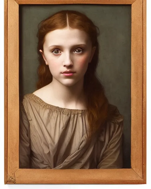 Image similar to a window - lit realistic portrait painting of an open - mouthed girl resembling a young, shy, redheaded alicia vikander or millie bobby brown, lit by a window at the side, highly detailed, intricate, by leonardo davinci, bouguereau, and boticelli