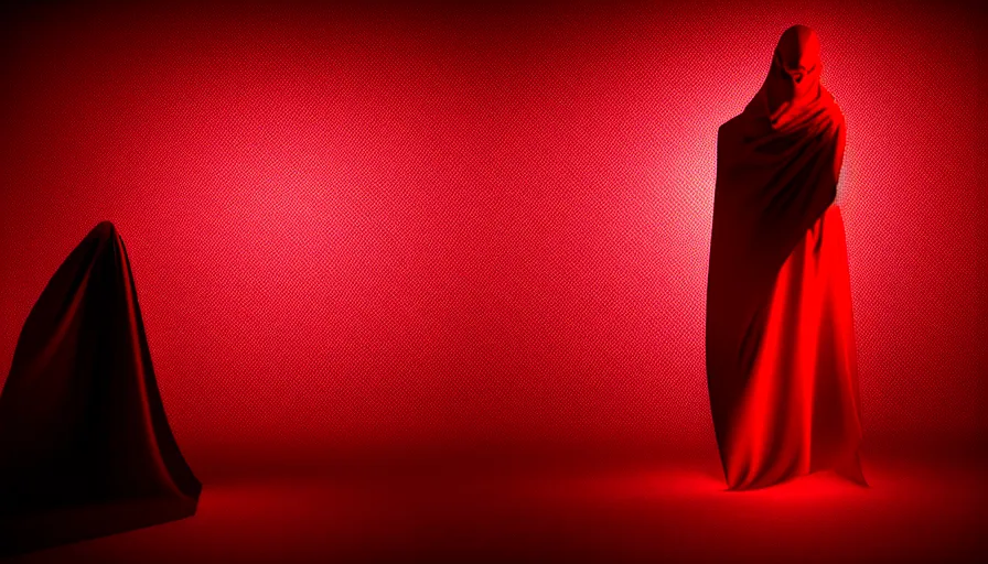 Image similar to photograph of enigmatic figure wrapped in red sheet in darkness, high contrast, hard light, digital art, rendering, cloth simulation, redshift