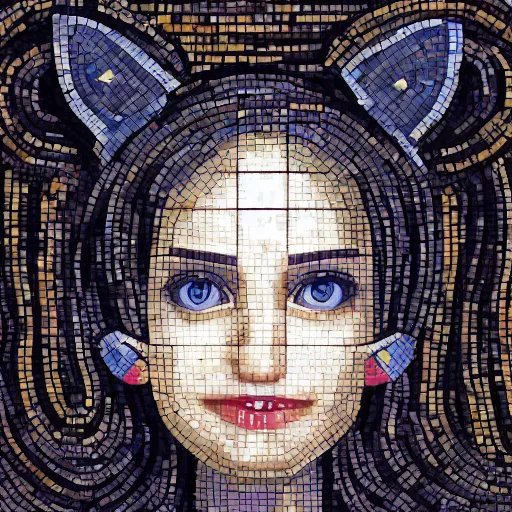 Prompt: portrait mosaic of a beautiful cute girl with robot ears and eyes by Emma Biggs, 4k, intricate details, digital, between heaven and hell