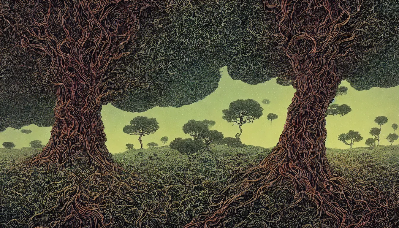 Prompt: giant tree in a meadow, chinese ink brush, yukio - e, kilian eng, victo ngai, josan gonzalez