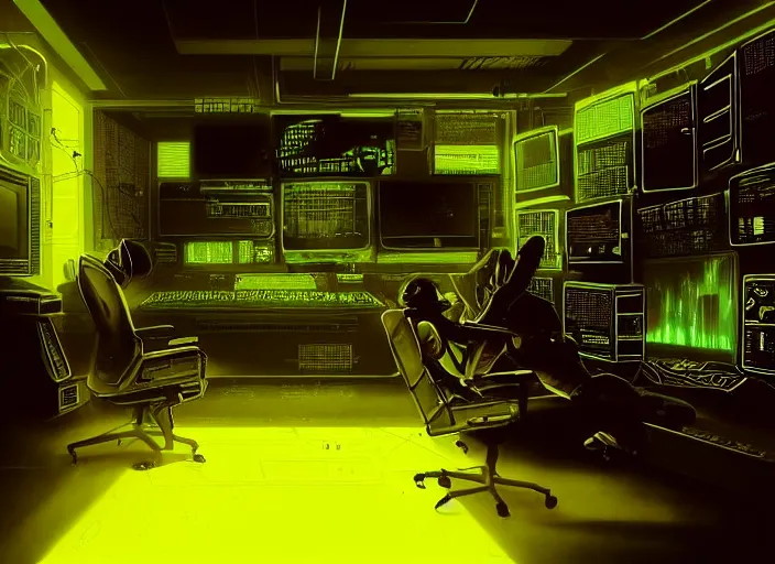 Prompt: a dimly lit room with a cyberpunk girl sat in the middle. a wall of televisions and computer screens. eerie yellow glow. oscilloscope. cyberpunk vibes. sci - fi. zack snyder. tooth wu and wlop and beeple and greg rutkowski and peter gric and victo ngai.
