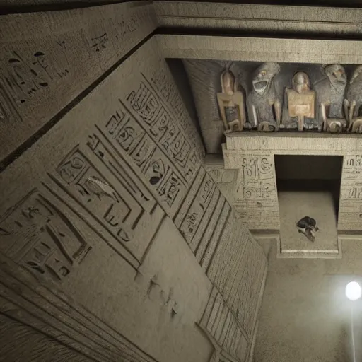 Image similar to giant egyptian tomb in pyramide, spectacular eerie creepy mood, lovecraft, ridley scott, zack snyder, fenghua zhong, realistic cinematic lighting, establishing action shot, ultra detailed, hyper realism, photo, octane render, no depth of field