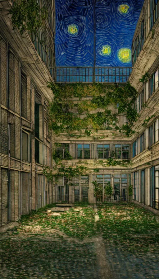 Image similar to a beautiful photorealistic illustration of building architecture city unfinished building industrial architecture urbex nature abandoned patio by vincent van gogh, at night otherworldly flowers alien fisheye thermal imaging hyperrealism, archdaily, wallpaper, highly detailed, trending on artstation.