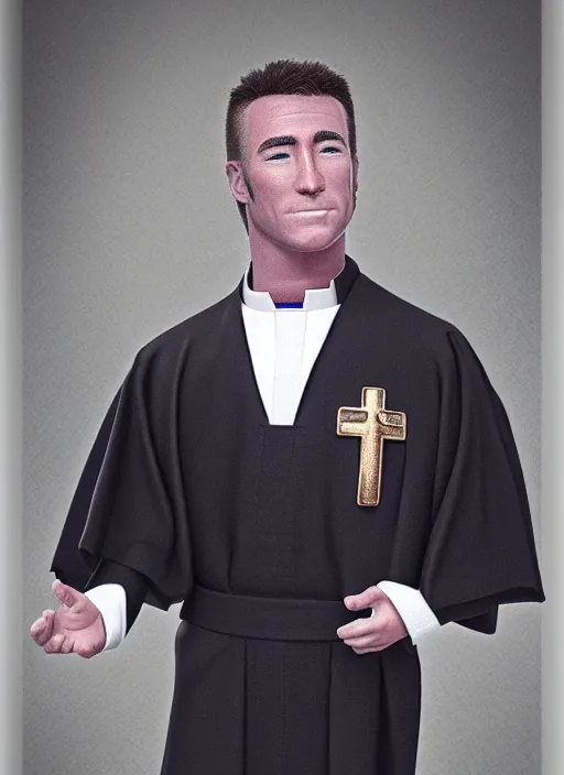 Image similar to billy herrington priest, 4 k, real life photo, photorealistic, high details, detailed face, priest uniform, detailed portrait