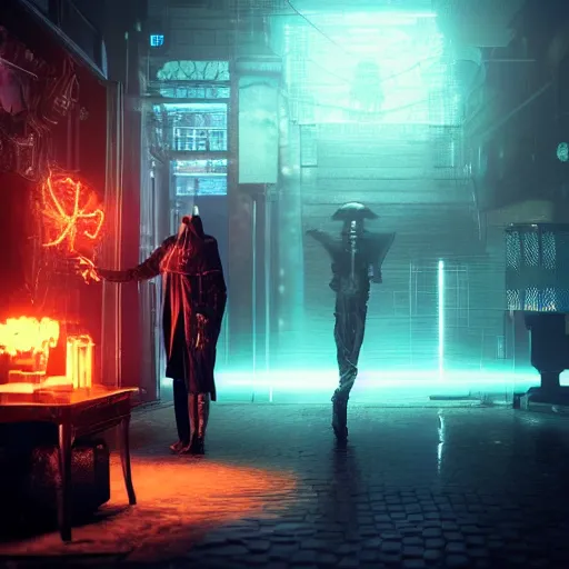 Image similar to A cyberpunk human wizard summoning a diabolical creature in an occult environment. dark atmosphere, octane render, 4k, 8k, untra realistic, unreal engine, cinematic composition, neon