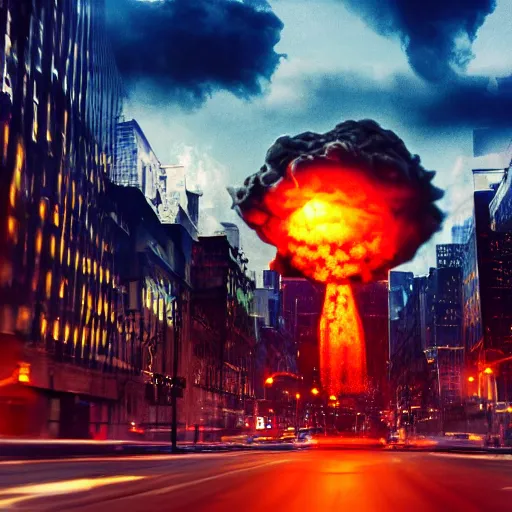 Prompt: centered action photography shot of extremely detailed hyper realistic nuclear bomb explosion in a city, professional film photography, 8 k, cinematic framing, cinematic lighting, cinematic shadows - c 3. 5