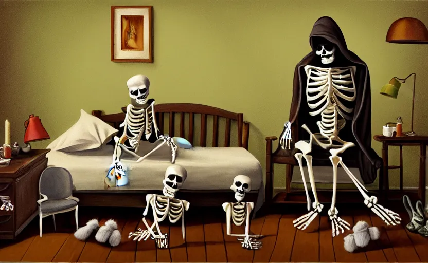 Image similar to matte oil painting of a clothed skeleton dressed in pajama robes and nightcaps and slippers inside of a dim bedroom that is full of furniture and toys, by tim jacobus, sleepy, cozy, warm