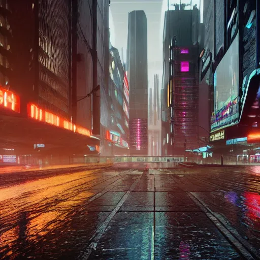 Image similar to a cyberpunk city in the rain, photo realistic, 8k