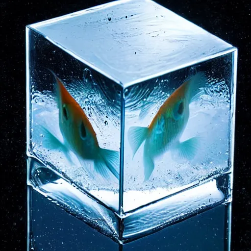 Image similar to a goldfish swimming inside a cube made of water looking at its reflection on the side of the cube