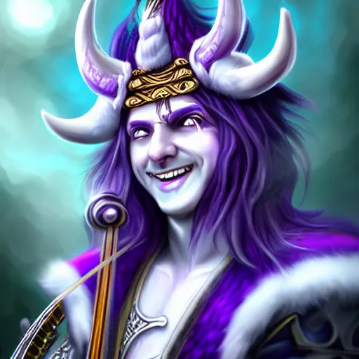 Prompt: A Bard with white horns and purple skin, smiling, epic fantasy game portrait, hyper detailed, hyper realistic