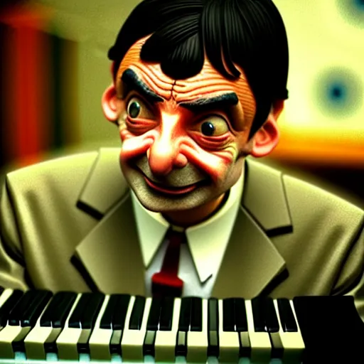 Image similar to mr. bean playing a synthesizer. movie still. cinematic lighting.