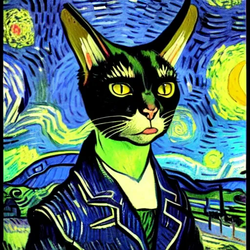 Image similar to a standing cat that has goat horns, anthropomorphic cat wearing dark robes, matte oil painting, by vincent van gogh, eldritch, magical, fog, noble, full body portrait, extremely detailed, cult, ritual, inspiring, award - winning, 4 k, 8 k