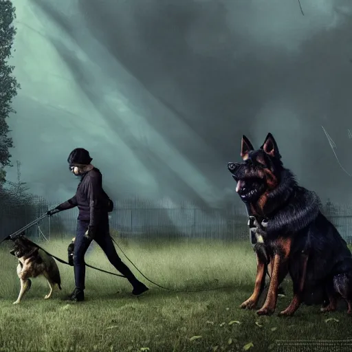 Image similar to dog - walker with german shepherd as angry zombie in a city park, full body portrait, horror core, apocalyptic, sharp focus, fiction, hyper detailed, digital art, trending in artstation, cinematic lighting, studio quality, smooth render, unreal engine 5 rendered, octane rendered, art style and nixeu and wlop and krenz cushart