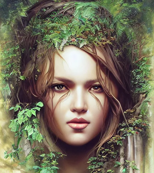 Prompt: ancient goddess, lush forest, portrait by artgerm, digital art by karol bak