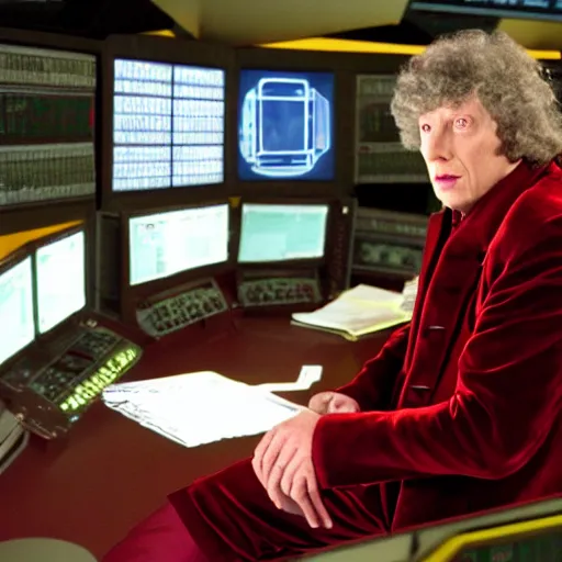 Image similar to Tom Baker as as the Doctor in his burgundy costume in the Tardis secondary control room