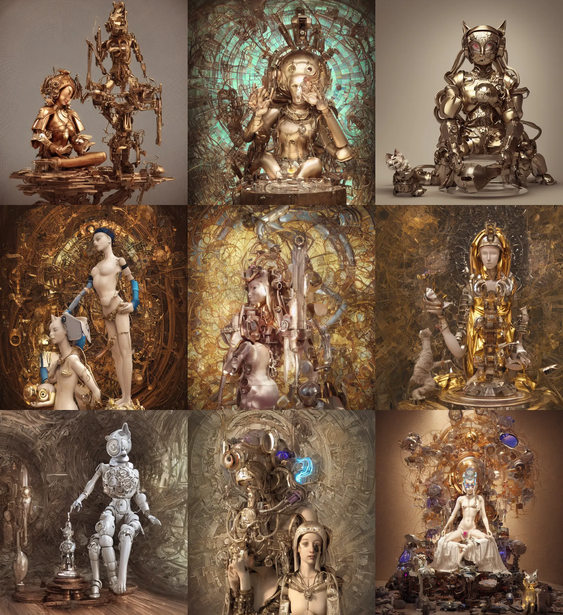 Prompt: 3D octane render ultra 8K photorealistic hyperdetailed unreal engine ,a wooden sculpture,art toys on a pedestal ,a very cute mystical robot of the virgin with cat’s ears in a zen heroic pose ,meditation ,rebelle,cyberpunk ,concept art ,trending on cgsociety ,artwork masterpiece , in a contemporary art gallery in neo Paris by Alphonse Mucha