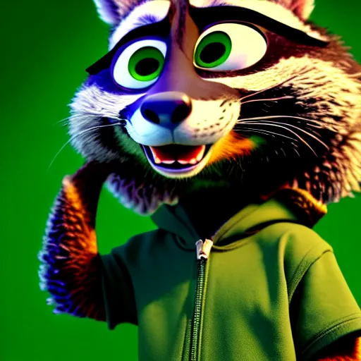 Prompt: a stoner with a black hoodie on with a marijuana themed dark green raccoon head from zootopia, 3 d, blender 3 d, render, extremely detailed, 8 k, stoned red eyes