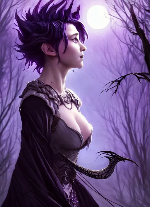 Image similar to moon in the background, side portrait dark witch, adventurer outfit large cloak, fantasy forest landscape, dragon scales, fantasy magic, undercut hairstyle, short purple black fade hair, dark light night, intricate, elegant, sharp focus, illustration, highly detailed, digital painting, concept art, matte, art by WLOP and Artgerm and Greg Rutkowski and Alphonse Mucha, masterpiece