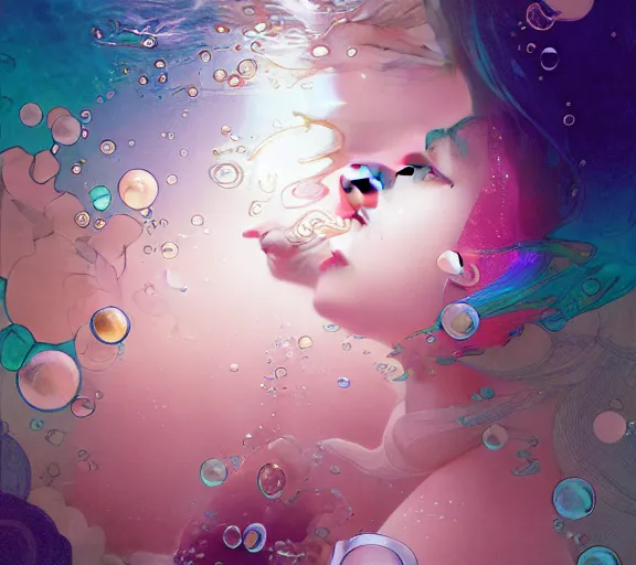 Prompt: harmony of underwater bubbles, light language, pink haired jimin eyes closed, rainbow line - art, by wlop, james jean, victo ngai! muted colors, highly detailed, fantasy art by craig mullins, thomas kinkade