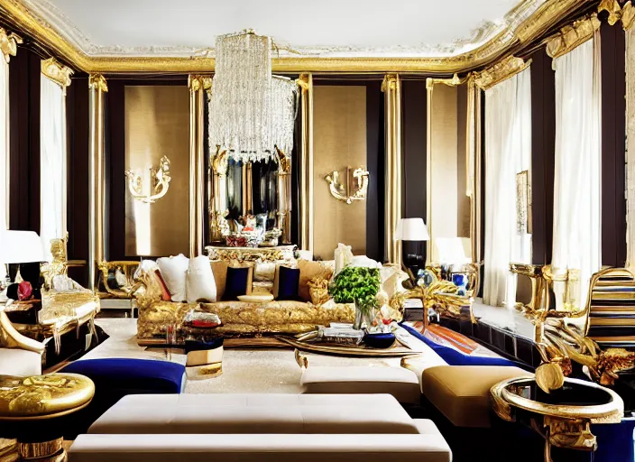 Prompt: luxury living room designed by jeff koons, interior design magazine photography