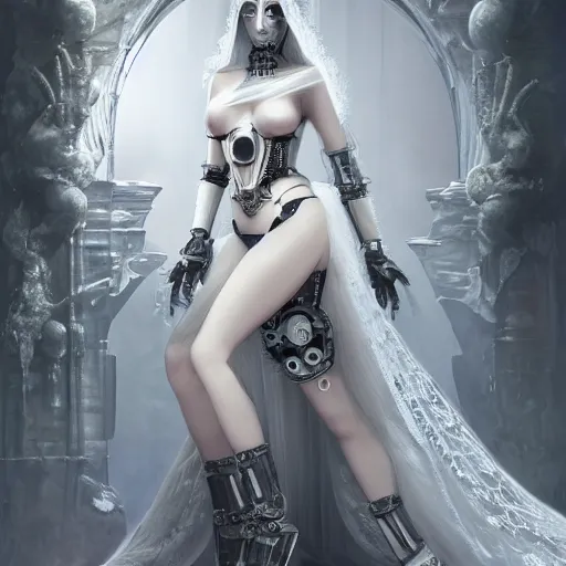 Prompt: female gothic robots with transparent glass head with mechanical brain, sensual pose, dressed in white intricate lace, veils and jewels, epic environment, matte painting, diffused lighting, highly detailed, cinematic, epic atmosphere, digital art, trending on artstation, wide angle