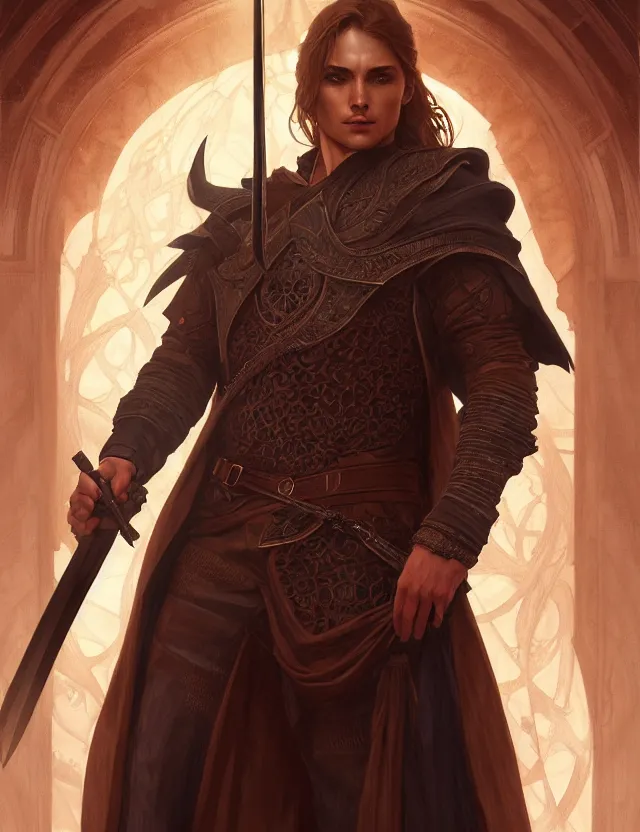 Image similar to symmetry!! intense fanart of a winchester as a mage warrior as acotar protagonist, magic background, intricate, elegant, highly detailed, my rendition, digital painting, artstation, concept art, smooth, sharp focus, illustration, art by artgerm and greg rutkowski and alphonse mucha