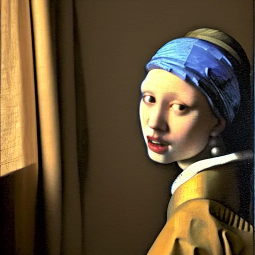 Image similar to behind the scenes of girl with a pearl ear ring by vermeer cinematic lighting, detailed face, headshot and body shot, taken in the 1600s, very very very very detailed face, beautiful nostalgic quality, lighting and canvas visible in the background