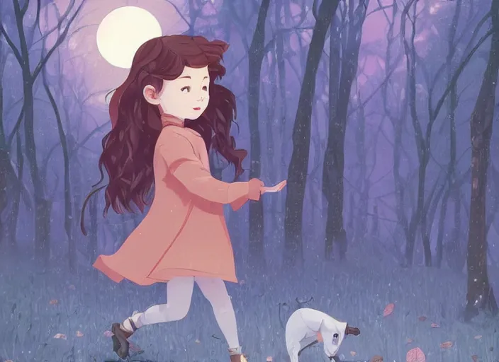 Image similar to little girl with short wavy curly light brown hair chasing will o the wisp in the woods. clean cel shaded vector art. shutterstock. behance hd by lois van baarle, artgerm, helen huang, by makoto shinkai and ilya kuvshinov, rossdraws, illustration, art by ilya kuvshinov