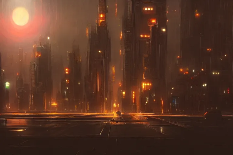 Prompt: futuristic cityscape at night, greg rutkowski, artstation, illustration, urban, sci fi, architecture