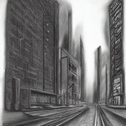 Prompt: charcoal drawing of a cyberpunk city