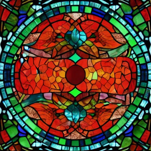 Prompt: stained glass with two red fishes in yin yang composition and green lily pads in blue water, tiffany stained glass, digital art, 4 k
