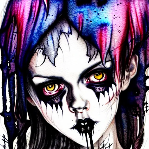 Prompt: hyper realistic ink and watercolor drawing of a cute goth girl in tattered clothes, full portrait, detailed, rim light, diffused, intricate, axe, battle, cyberpunk by anna dittmann,