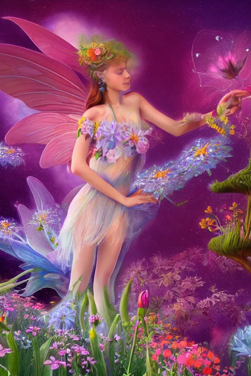 Image similar to a beautiful digital illustration painting fairy princess among the flowers by benoit b. mandelbrot, roger dean. 8 k resolution trending on artstation concept art digital illustration